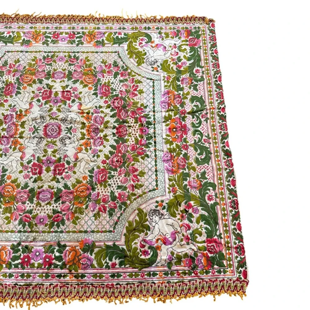 Tapestry Throw Blanket Unisex‎ Multi Vintage Cherub Floral Italy 75x95